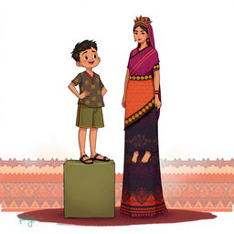 An illustration featuring a Javanese short man standing on a cube beside a Papuan tall woman, both positioned to symbolize equality