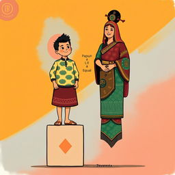 An illustration featuring a Javanese short man standing on a cube beside a Papuan tall woman, both positioned to symbolize equality