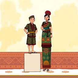 An illustration featuring a Javanese short man standing on a cube beside a Papuan tall woman, both positioned to symbolize equality