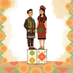 An illustration featuring a Javanese short man standing on a cube beside a Papuan tall woman, both positioned to symbolize equality