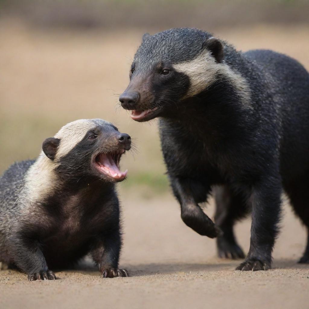 A captivating hybrid creature that is half perro (dog) and half Honey Badger. One half of the image beautifully manifests the friendly nature of a dog; the other half accurately depicts the fierce essence of a Honey Badger.