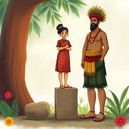 An illustration featuring a Javanese short woman standing on a cube beside a Papuan tall man, both appearing equal in height