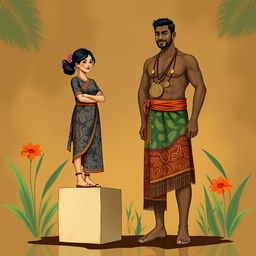 An illustration featuring a Javanese short woman standing on a cube beside a Papuan tall man, both appearing equal in height