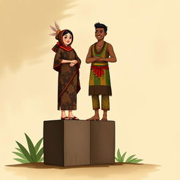 An illustration featuring a Javanese short woman standing on a cube beside a Papuan tall man, both appearing equal in height