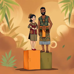 An illustration featuring a Javanese short woman standing on a cube beside a Papuan tall man, both appearing equal in height