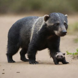 A captivating hybrid creature that is half perro (dog) and half Honey Badger. One half of the image beautifully manifests the friendly nature of a dog; the other half accurately depicts the fierce essence of a Honey Badger.