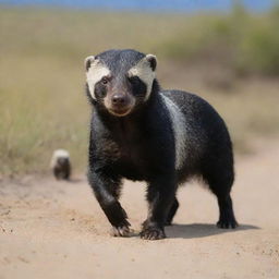 A captivating hybrid creature that is half perro (dog) and half Honey Badger. One half of the image beautifully manifests the friendly nature of a dog; the other half accurately depicts the fierce essence of a Honey Badger.