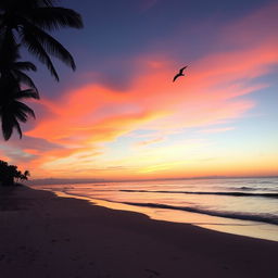 A serene beach at sunset, where gentle waves kiss the shore, and the sky is painted with shades of pink, orange, and purple