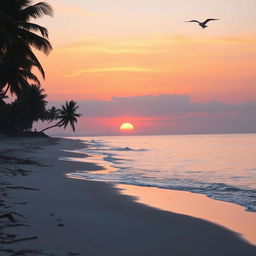 A serene beach at sunset, where gentle waves kiss the shore, and the sky is painted with shades of pink, orange, and purple