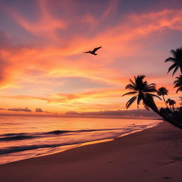 A serene beach at sunset, where gentle waves kiss the shore, and the sky is painted with shades of pink, orange, and purple