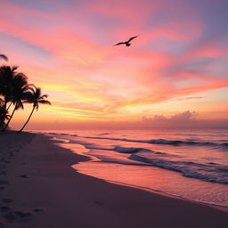 A serene beach at sunset, where gentle waves kiss the shore, and the sky is painted with shades of pink, orange, and purple