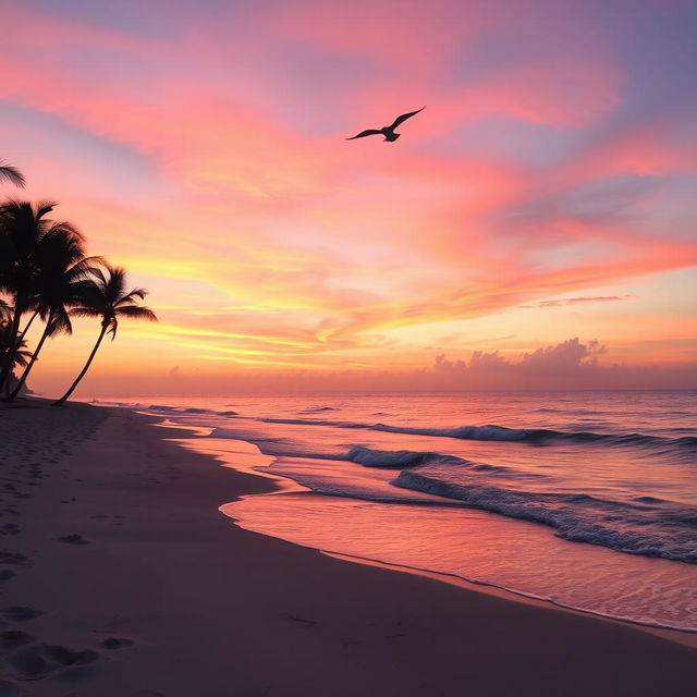 A serene beach at sunset, where gentle waves kiss the shore, and the sky is painted with shades of pink, orange, and purple