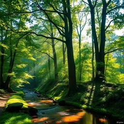 A serene forest with dappled sunlight filtering through the canopy, casting intricate patterns on the forest floor