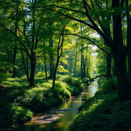 A serene forest with dappled sunlight filtering through the canopy, casting intricate patterns on the forest floor