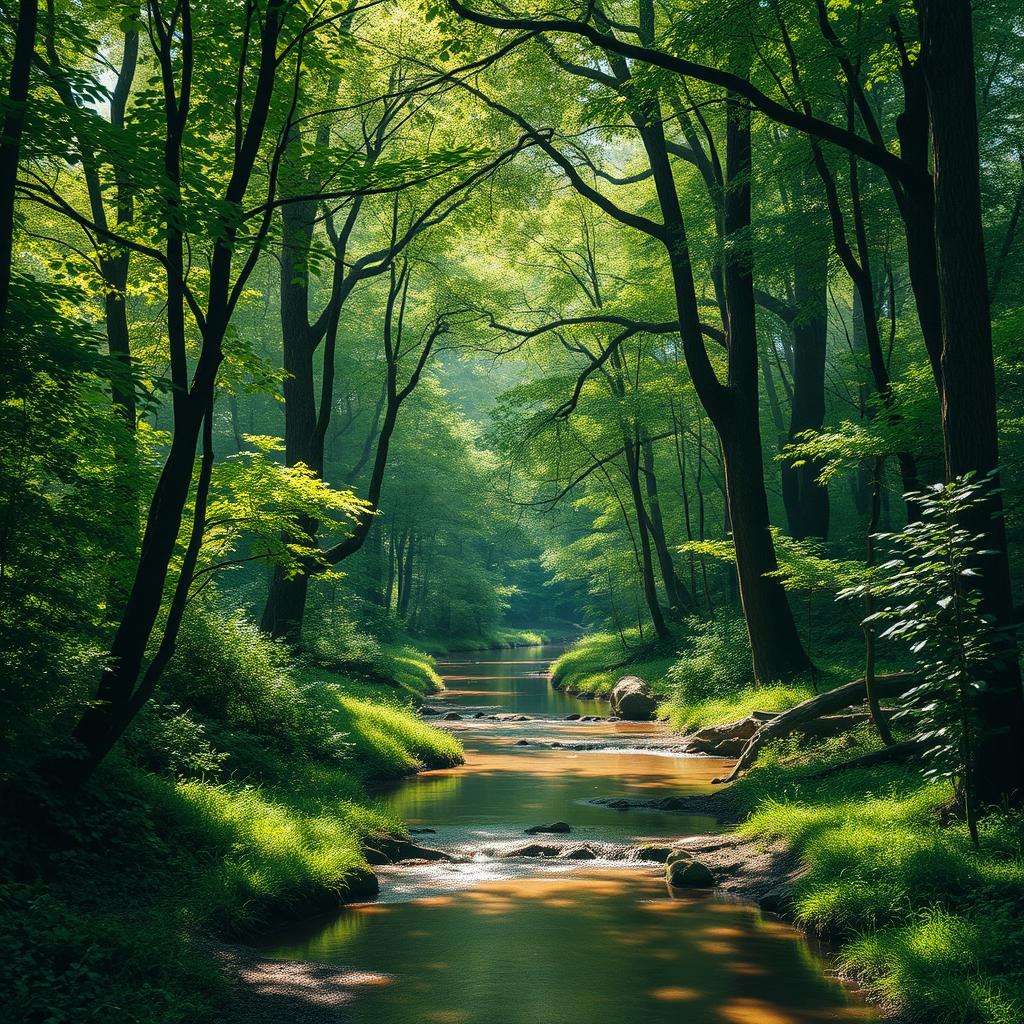 A serene forest with dappled sunlight filtering through the canopy, casting intricate patterns on the forest floor