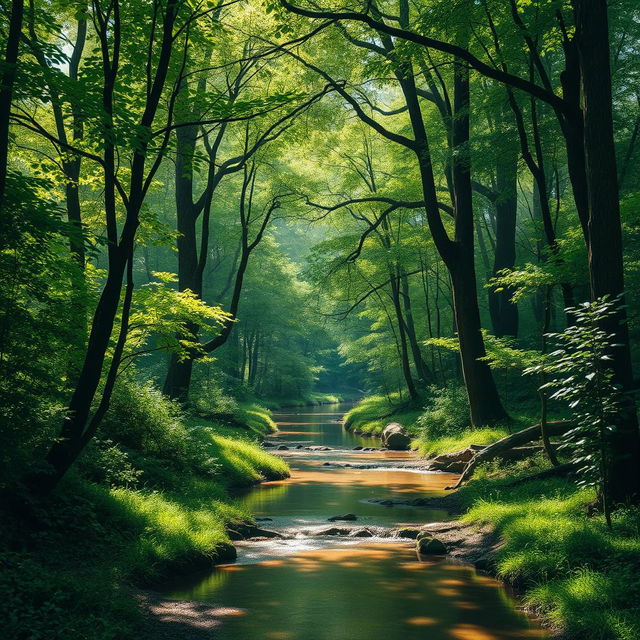 A serene forest with dappled sunlight filtering through the canopy, casting intricate patterns on the forest floor