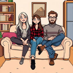 A comic-style illustration featuring one woman and two men sitting in a room