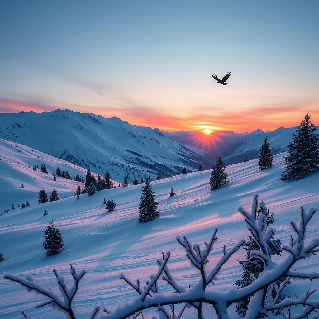 A majestic and serene snowy mountain landscape during sunrise, with the sky painted in hues of pink and orange reflecting on the pristine snow