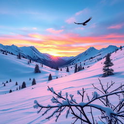 A majestic and serene snowy mountain landscape during sunrise, with the sky painted in hues of pink and orange reflecting on the pristine snow