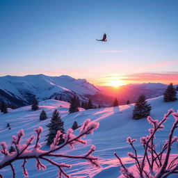 A majestic and serene snowy mountain landscape during sunrise, with the sky painted in hues of pink and orange reflecting on the pristine snow