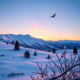 A majestic and serene snowy mountain landscape during sunrise, with the sky painted in hues of pink and orange reflecting on the pristine snow