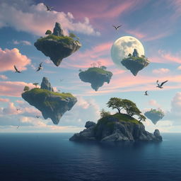 a surreal landscape featuring floating islands in a sky with vibrant colors, irregularly shaped rocks and vegetation, a giant moon in the background casting a soft glow, a calm ocean below reflecting the colors of the sky, flocks of birds flying around the islands, and a gentle breeze causing the trees to sway, creating a serene and mystical atmosphere