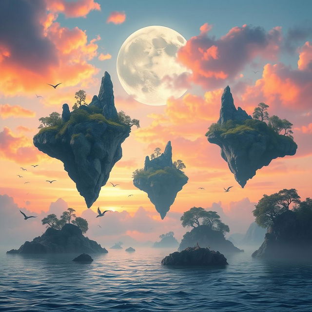 a surreal landscape featuring floating islands in a sky with vibrant colors, irregularly shaped rocks and vegetation, a giant moon in the background casting a soft glow, a calm ocean below reflecting the colors of the sky, flocks of birds flying around the islands, and a gentle breeze causing the trees to sway, creating a serene and mystical atmosphere