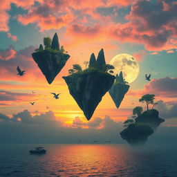 a surreal landscape featuring floating islands in a sky with vibrant colors, irregularly shaped rocks and vegetation, a giant moon in the background casting a soft glow, a calm ocean below reflecting the colors of the sky, flocks of birds flying around the islands, and a gentle breeze causing the trees to sway, creating a serene and mystical atmosphere