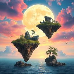 a surreal landscape featuring floating islands in a sky with vibrant colors, irregularly shaped rocks and vegetation, a giant moon in the background casting a soft glow, a calm ocean below reflecting the colors of the sky, flocks of birds flying around the islands, and a gentle breeze causing the trees to sway, creating a serene and mystical atmosphere