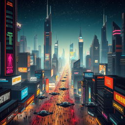 A sprawling futuristic cityscape at night, glowing with neon lights