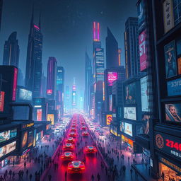 A sprawling futuristic cityscape at night, glowing with neon lights