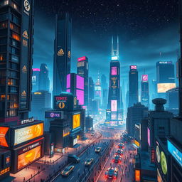 A sprawling futuristic cityscape at night, glowing with neon lights