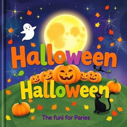 A whimsical Halloween book cover for young children featuring friendly characters like smiling pumpkins, a cheerful ghost, and a playful black cat