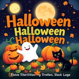 A whimsical Halloween book cover for young children featuring friendly characters like smiling pumpkins, a cheerful ghost, and a playful black cat