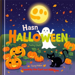 A whimsical Halloween book cover for young children featuring friendly characters like smiling pumpkins, a cheerful ghost, and a playful black cat