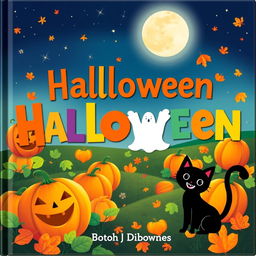 A whimsical Halloween book cover for young children featuring friendly characters like smiling pumpkins, a cheerful ghost, and a playful black cat