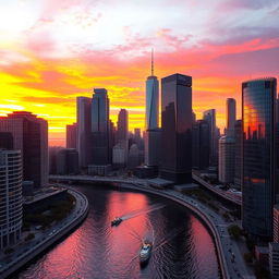 A modern city skyline at sunset with vibrant hues of orange and pink filling the sky