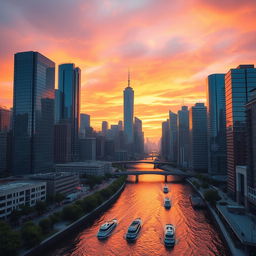 A modern city skyline at sunset with vibrant hues of orange and pink filling the sky