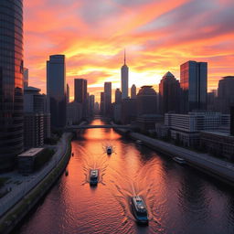 A modern city skyline at sunset with vibrant hues of orange and pink filling the sky