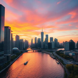 A modern city skyline at sunset with vibrant hues of orange and pink filling the sky