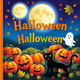 A whimsical Halloween book cover for young children featuring friendly characters like smiling pumpkins, a cheerful ghost, and a playful black cat