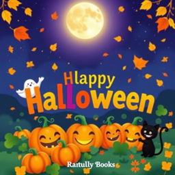 A whimsical Halloween book cover for young children featuring friendly characters like smiling pumpkins, a cheerful ghost, and a playful black cat