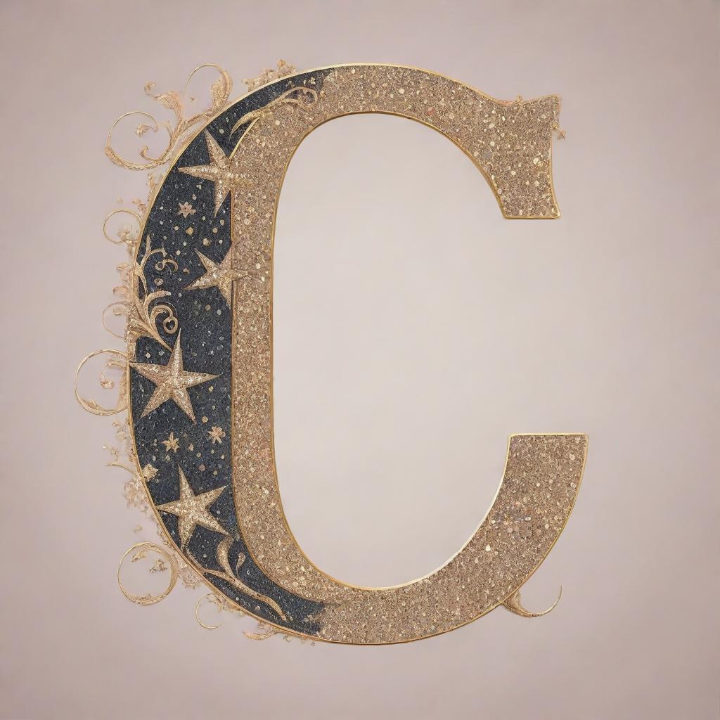 An elegant letter C monogram, intricately designed with magical elements such as stars, moons, and sparkles