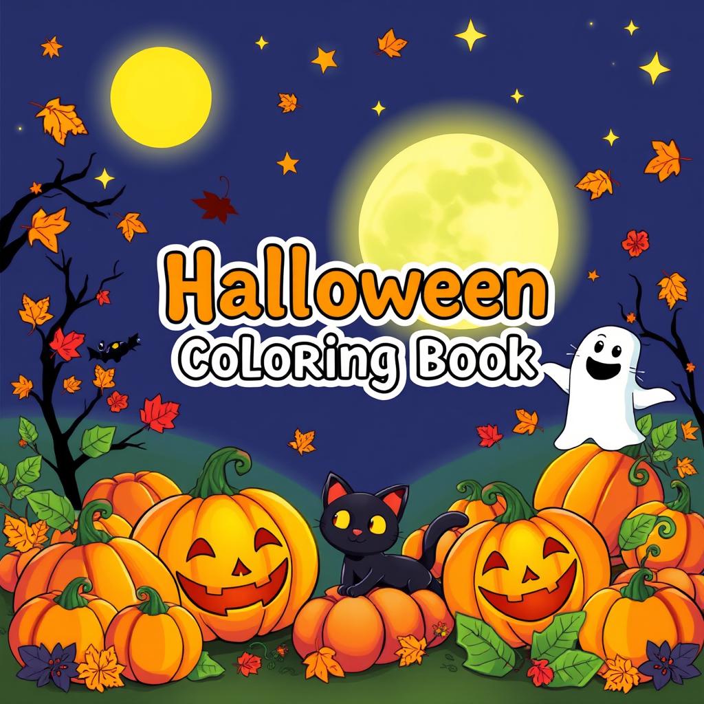 A lively and colorful Halloween book cover for young children titled 'Halloween Coloring Book'