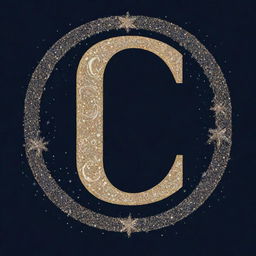 An elegant letter C monogram, intricately designed with magical elements such as stars, moons, and sparkles