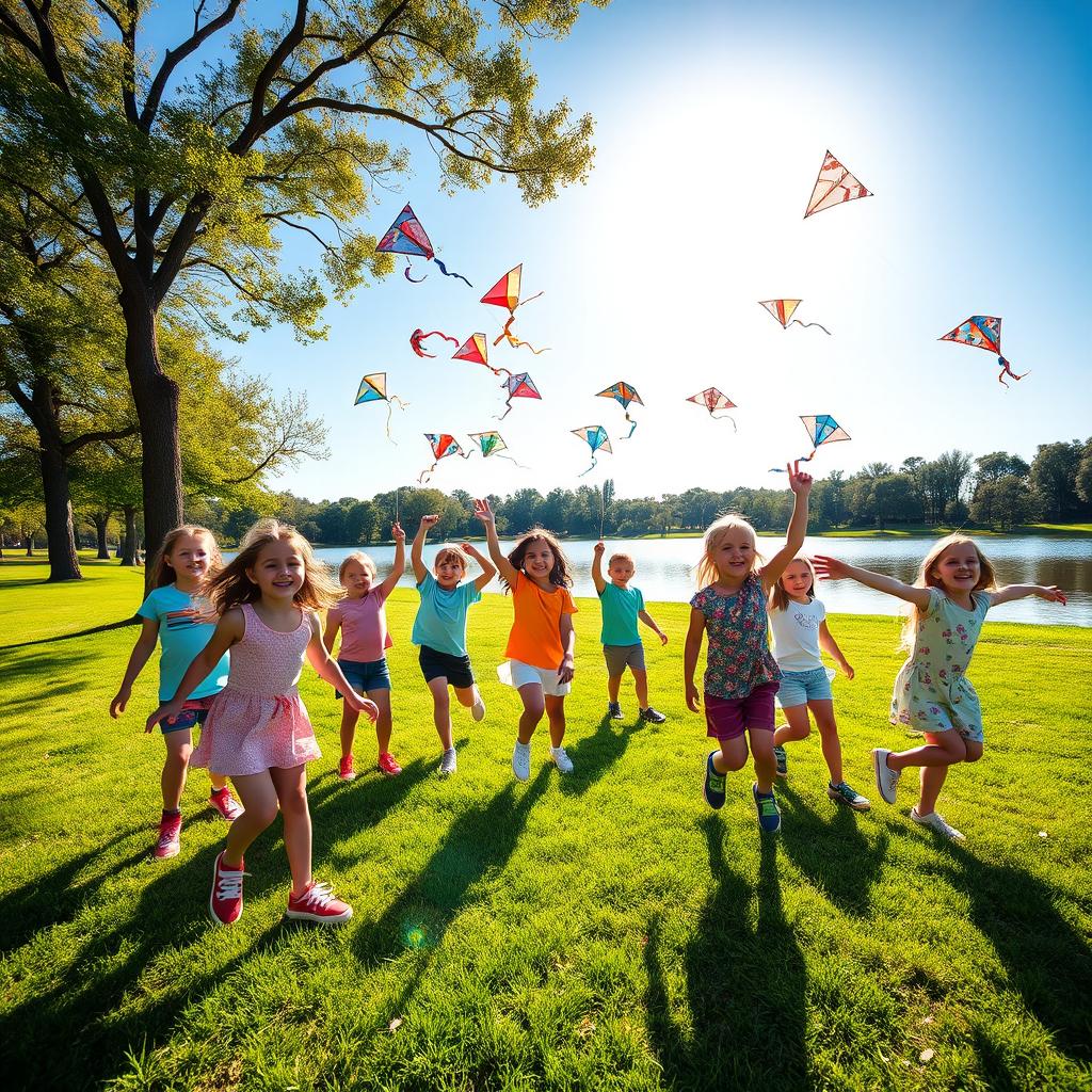 A group of children playing joyfully in a picturesque park with colorful kites