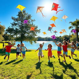 A group of children playing joyfully in a picturesque park with colorful kites