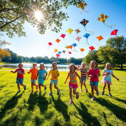 A group of children playing joyfully in a picturesque park with colorful kites