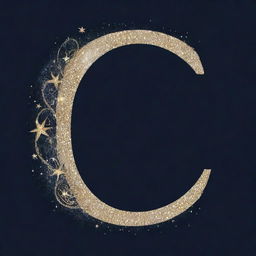 An elegant letter C monogram, intricately designed with magical elements such as stars, moons, and sparkles