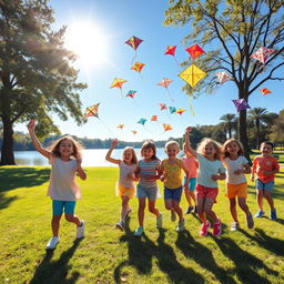 A group of children playing joyfully in a picturesque park with colorful kites